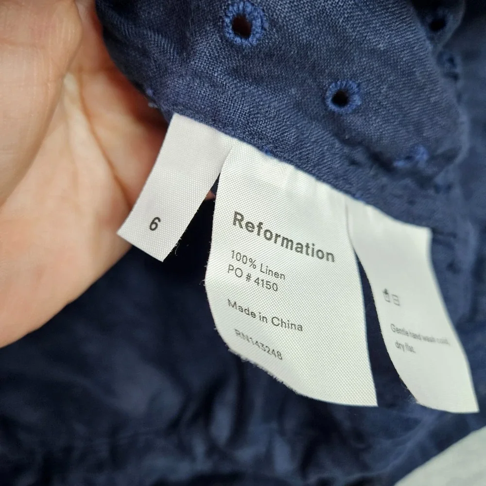 Reformation Women Sz 6 Blue Linen Eyelet Peplum Tank Top Button Front 100% Linen